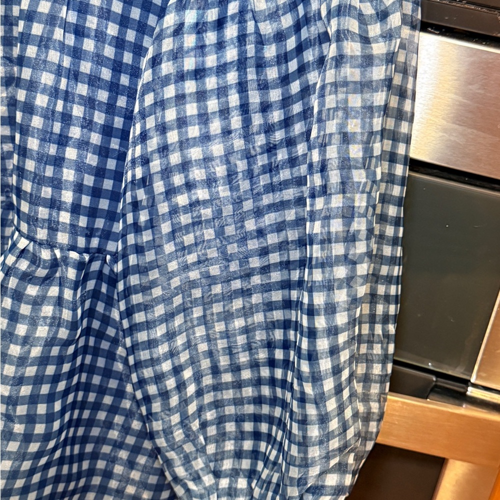 Listicle navy plaid button-down sheer tiered mini dress with puff sleeves.  Sz M - Picture 3 of 15